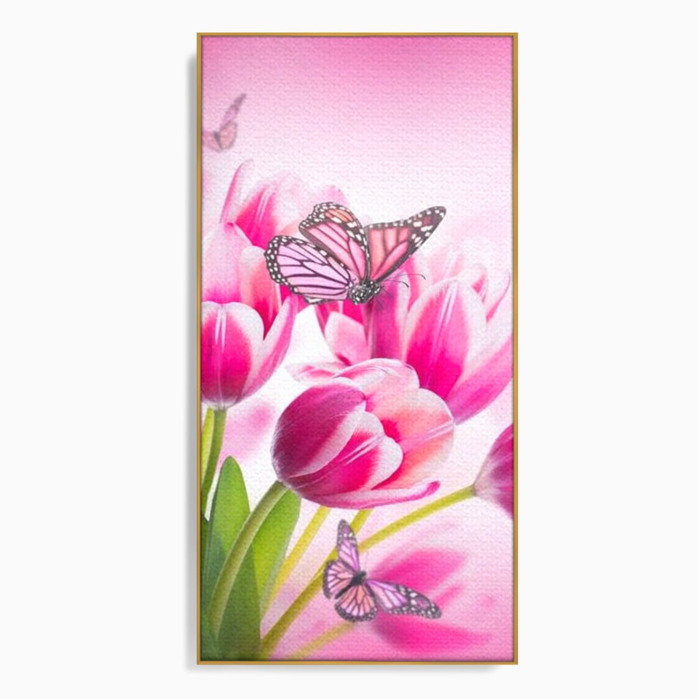 Tablou Canvas Premium, LuxCanva® M1146, Buchet de Primavara, Lalele, Flori, Petale, Roz, Fluturi, Insecte, Aripi, Zbor, Primavara, Feminin, Vis, Buchet, Birou, Living, Camera Copil