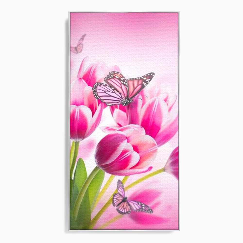Tablou Canvas Premium, LuxCanva® M1146, Buchet de Primavara, Lalele, Flori, Petale, Roz, Fluturi, Insecte, Aripi, Zbor, Primavara, Feminin, Vis, Buchet, Birou, Living, Camera Copil