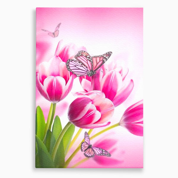 Tablou Canvas Premium, LuxCanva® M1146, Buchet de Primavara, Lalele, Flori, Petale, Roz, Fluturi, Insecte, Aripi, Zbor, Primavara, Feminin, Vis, Buchet, Birou, Living, Camera Copil