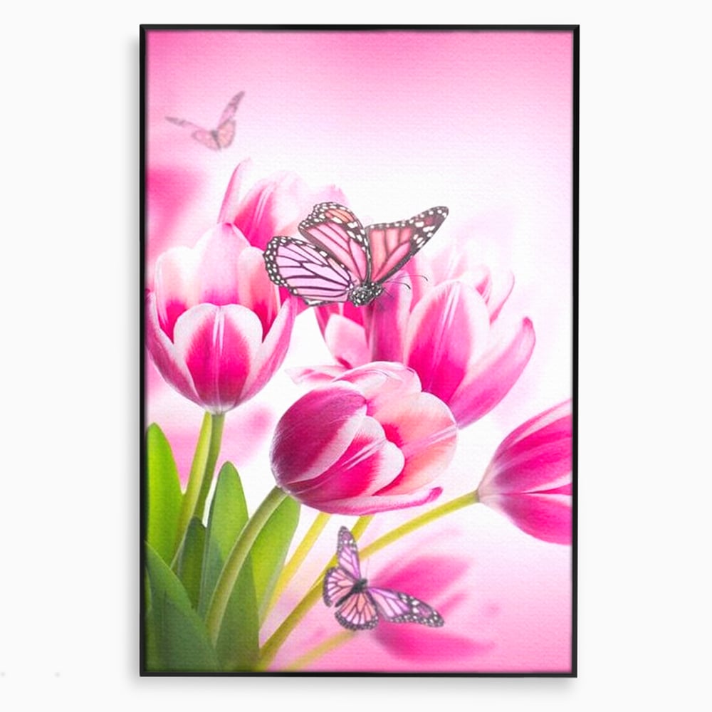 Tablou Canvas Premium, LuxCanva® M1146, Buchet de Primavara, Lalele, Flori, Petale, Roz, Fluturi, Insecte, Aripi, Zbor, Primavara, Feminin, Vis, Buchet, Birou, Living, Camera Copil