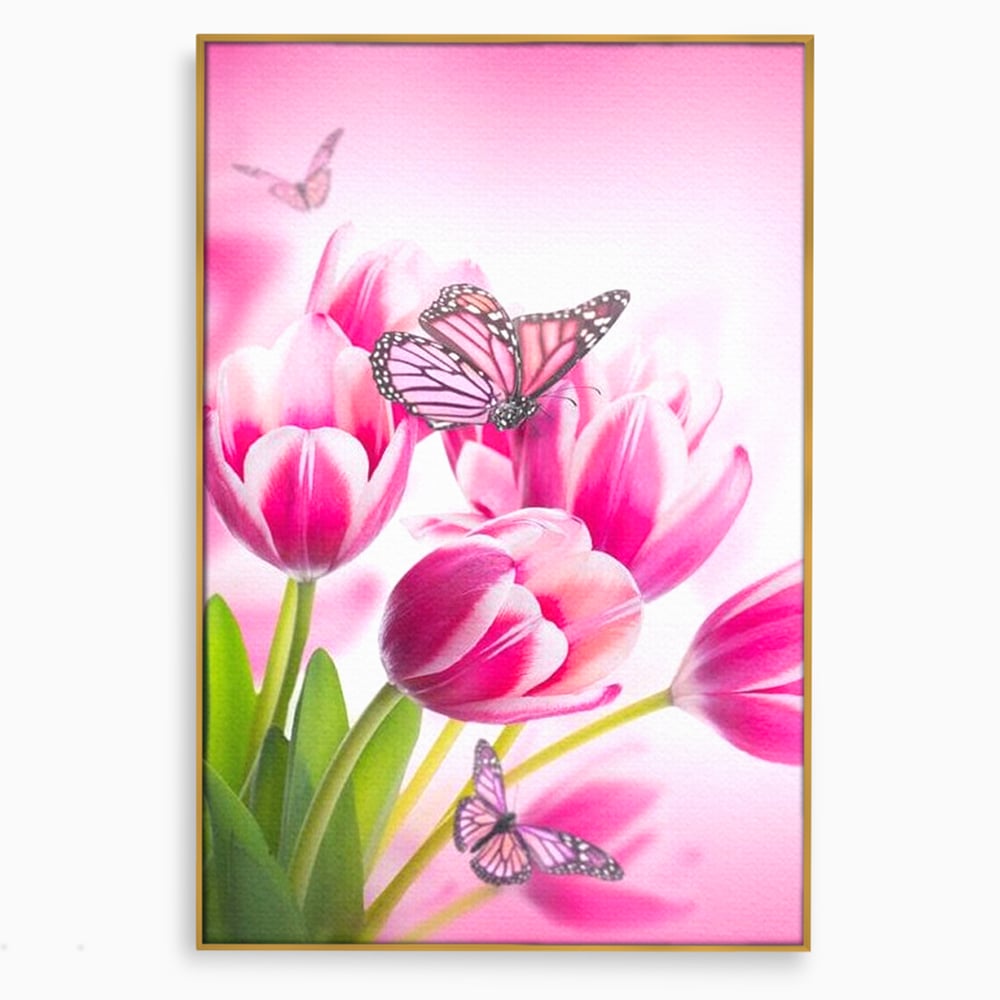 Tablou Canvas Premium, LuxCanva® M1146, Buchet de Primavara, Lalele, Flori, Petale, Roz, Fluturi, Insecte, Aripi, Zbor, Primavara, Feminin, Vis, Buchet, Birou, Living, Camera Copil