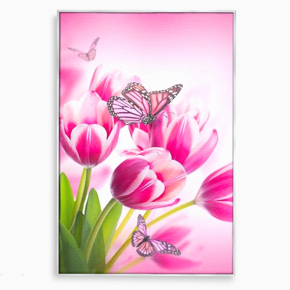 Tablou Canvas Premium, LuxCanva® M1146, Buchet de Primavara, Lalele, Flori, Petale, Roz, Fluturi, Insecte, Aripi, Zbor, Primavara, Feminin, Vis, Buchet, Birou, Living, Camera Copil