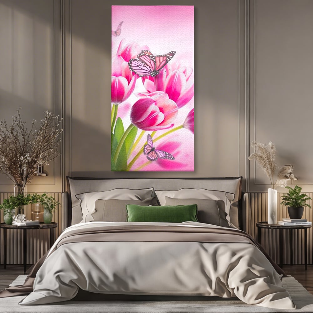 Tablou Canvas Premium, LuxCanva® M1146, Buchet de Primavara, Lalele, Flori, Petale, Roz, Fluturi, Insecte, Aripi, Zbor, Primavara, Feminin, Vis, Buchet, Birou, Living, Camera Copil