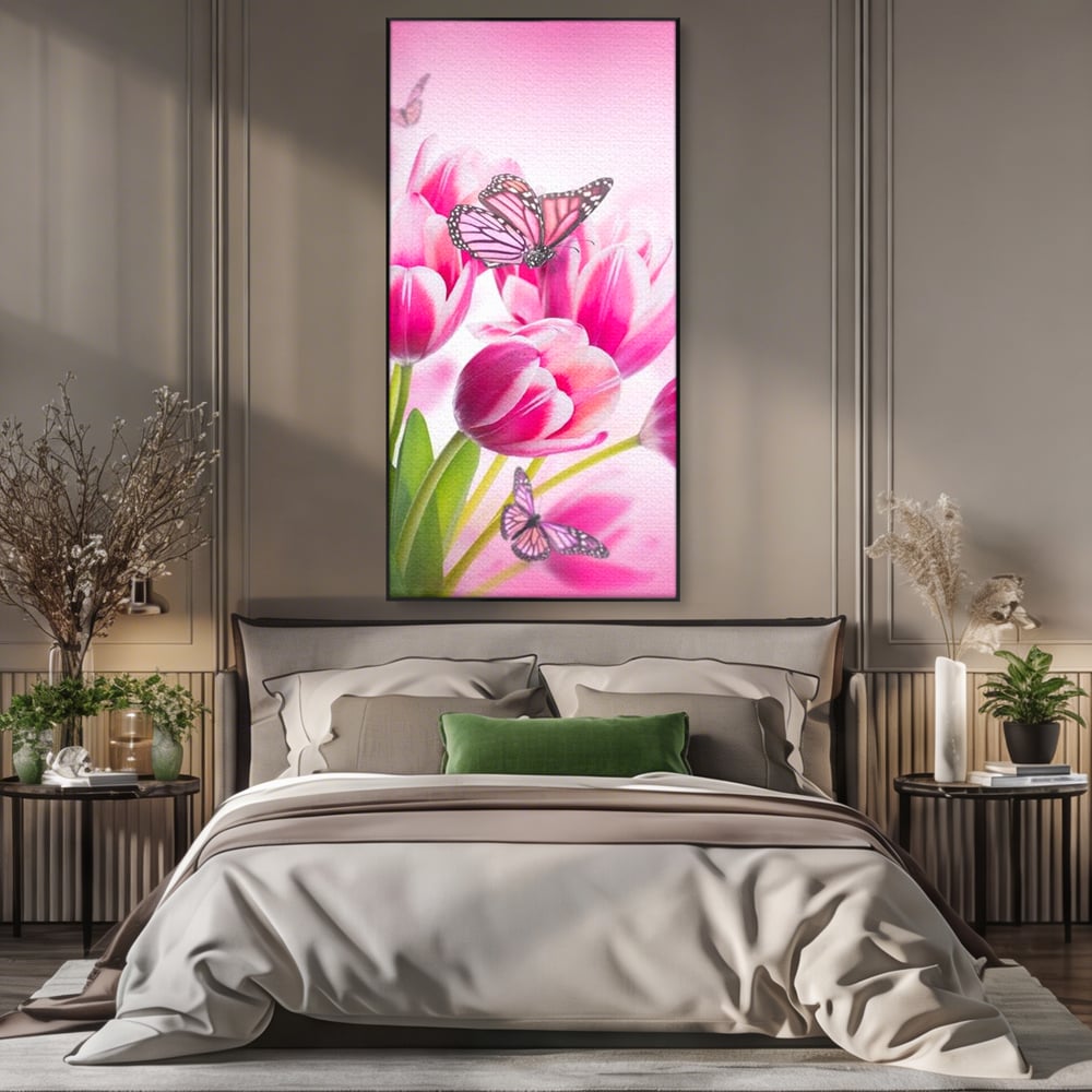 Tablou Canvas Premium, LuxCanva® M1146, Buchet de Primavara, Lalele, Flori, Petale, Roz, Fluturi, Insecte, Aripi, Zbor, Primavara, Feminin, Vis, Buchet, Birou, Living, Camera Copil