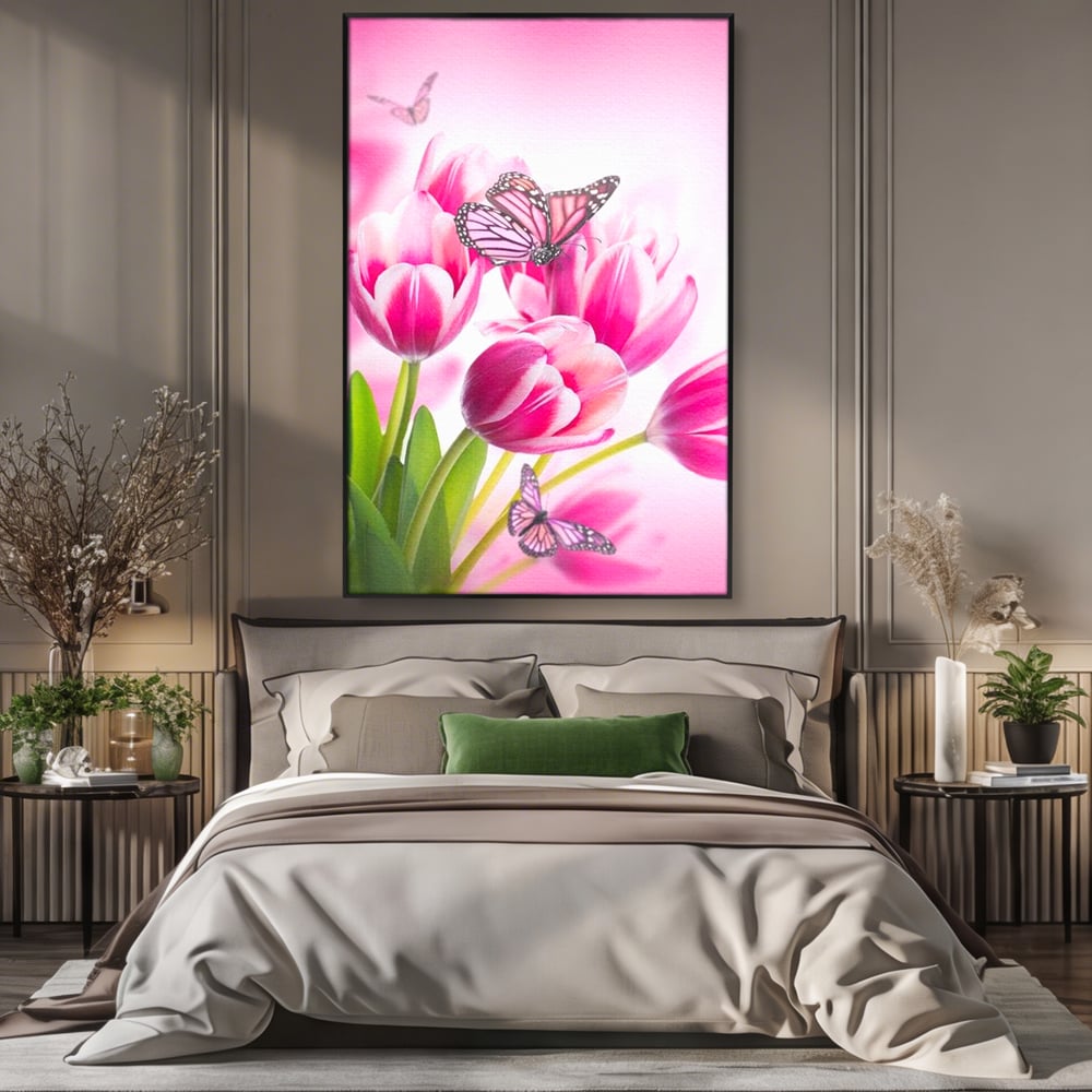 Tablou Canvas Premium, LuxCanva® M1146, Buchet de Primavara, Lalele, Flori, Petale, Roz, Fluturi, Insecte, Aripi, Zbor, Primavara, Feminin, Vis, Buchet, Birou, Living, Camera Copil
