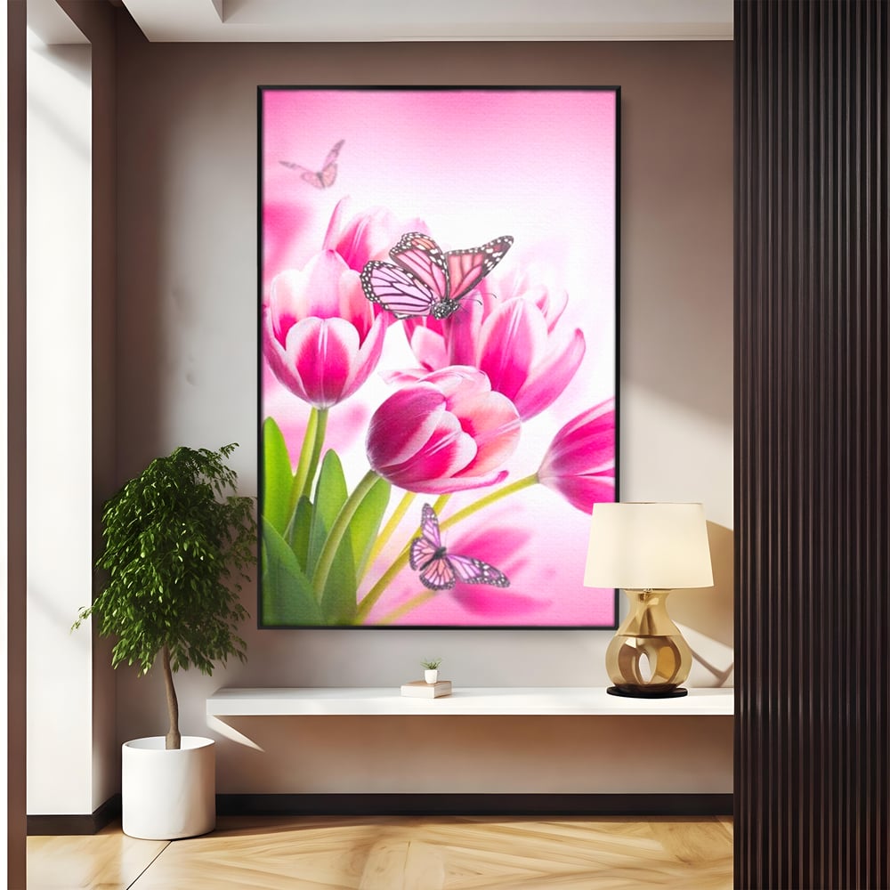 Tablou Canvas Premium, LuxCanva® M1146, Buchet de Primavara, Lalele, Flori, Petale, Roz, Fluturi, Insecte, Aripi, Zbor, Primavara, Feminin, Vis, Buchet, Birou, Living, Camera Copil