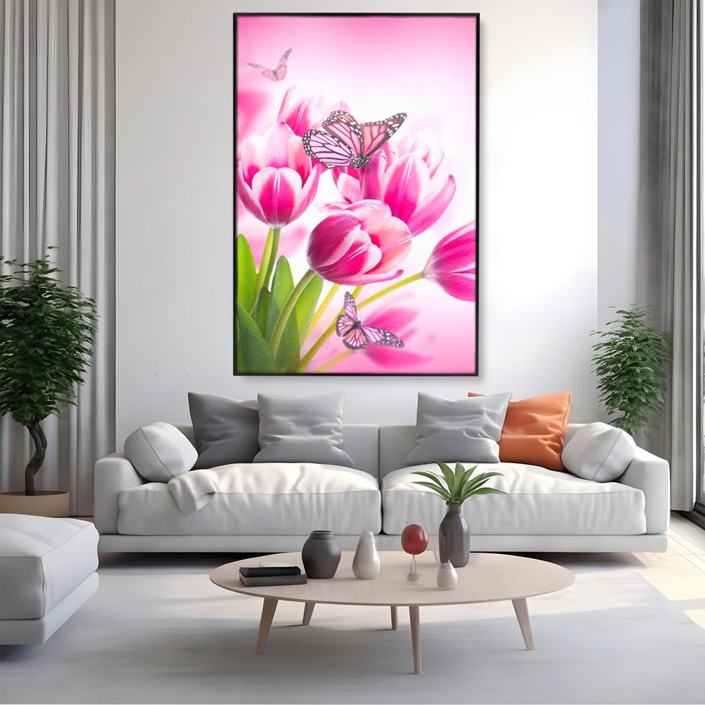 Tablou Canvas Premium, LuxCanva® M1146, Buchet de Primavara, Lalele, Flori, Petale, Roz, Fluturi, Insecte, Aripi, Zbor, Primavara, Feminin, Vis, Buchet, Birou, Living, Camera Copil