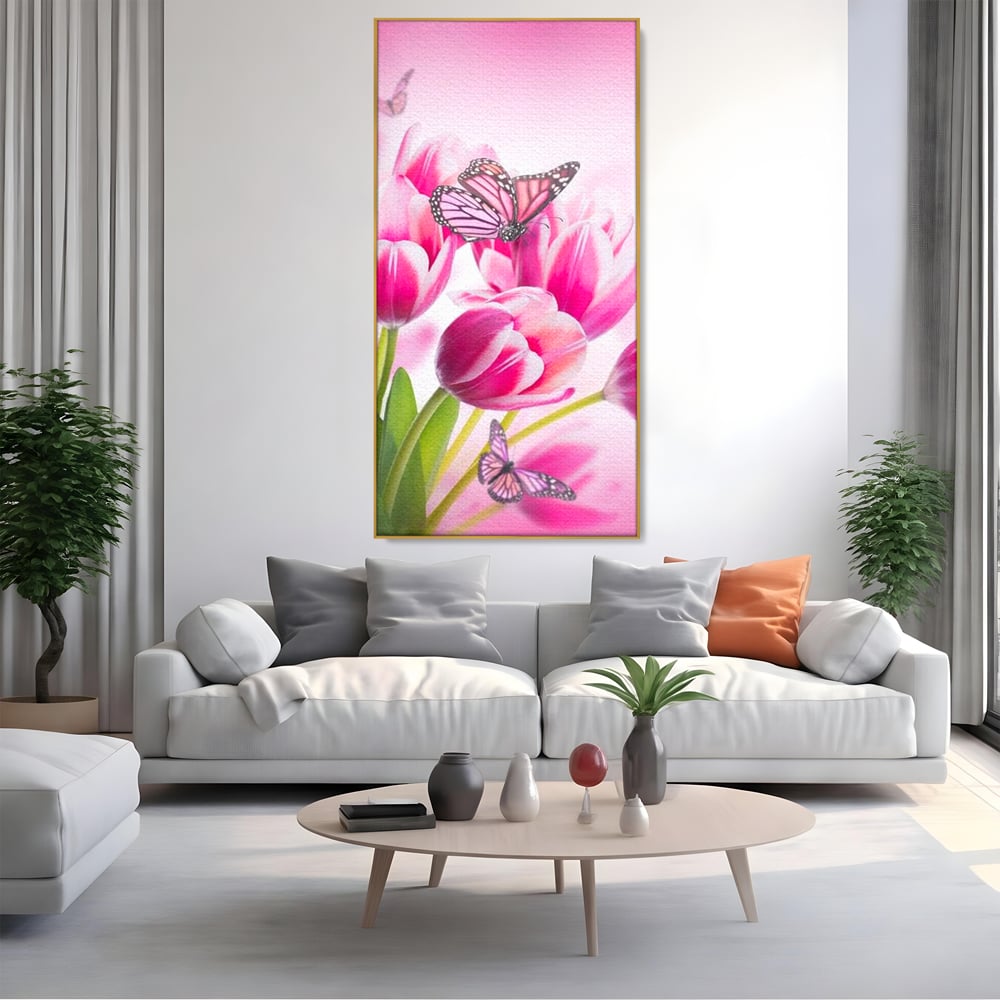 Tablou Canvas Premium, LuxCanva® M1146, Buchet de Primavara, Lalele, Flori, Petale, Roz, Fluturi, Insecte, Aripi, Zbor, Primavara, Feminin, Vis, Buchet, Birou, Living, Camera Copil