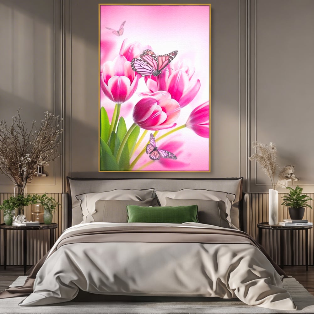 Tablou Canvas Premium, LuxCanva® M1146, Buchet de Primavara, Lalele, Flori, Petale, Roz, Fluturi, Insecte, Aripi, Zbor, Primavara, Feminin, Vis, Buchet, Birou, Living, Camera Copil