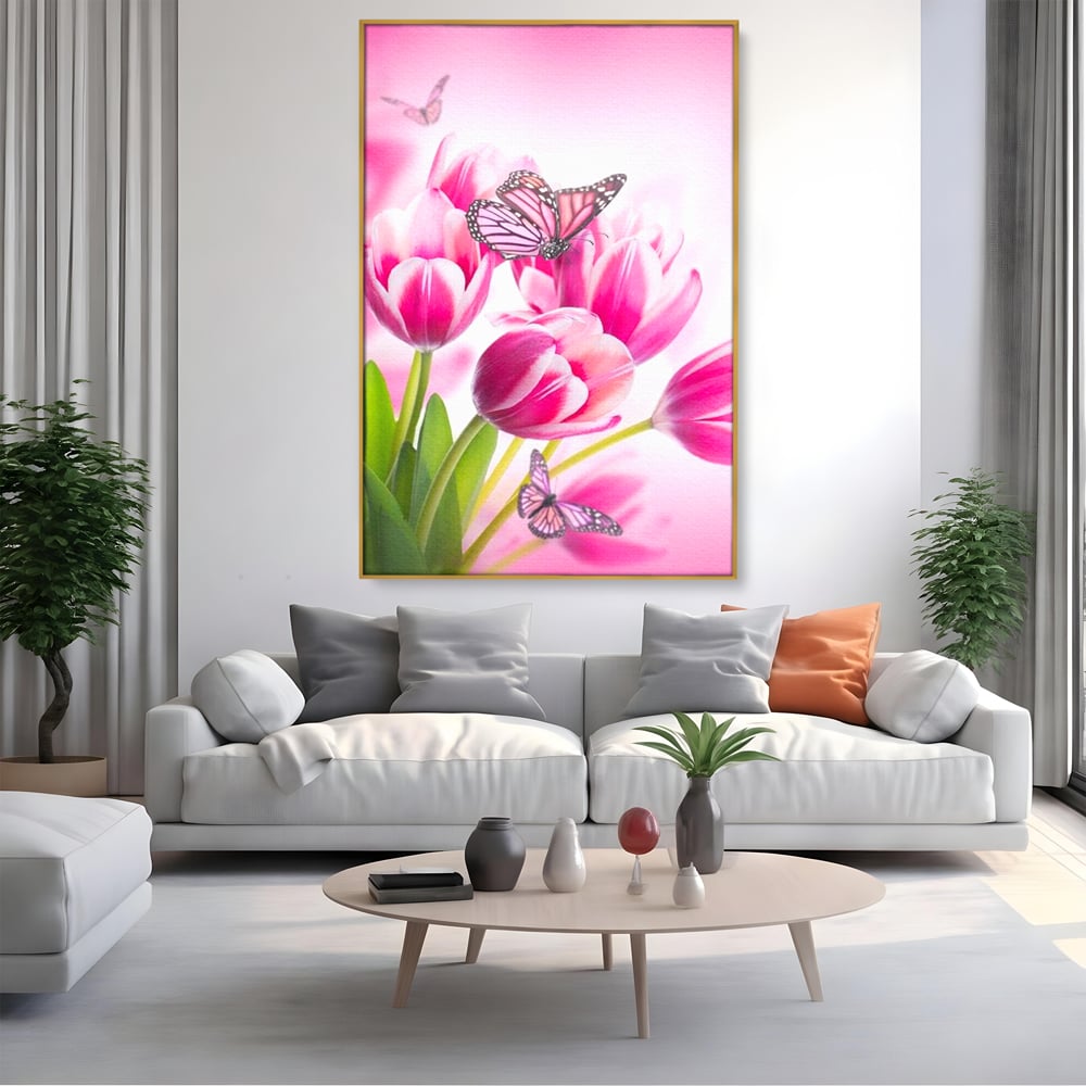 Tablou Canvas Premium, LuxCanva® M1146, Buchet de Primavara, Lalele, Flori, Petale, Roz, Fluturi, Insecte, Aripi, Zbor, Primavara, Feminin, Vis, Buchet, Birou, Living, Camera Copil