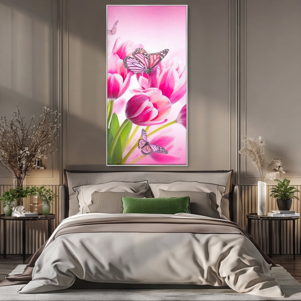 Tablou Canvas Premium, LuxCanva® M1146, Buchet de Primavara, Lalele, Flori, Petale, Roz, Fluturi, Insecte, Aripi, Zbor, Primavara, Feminin, Vis, Buchet, Birou, Living, Camera Copil