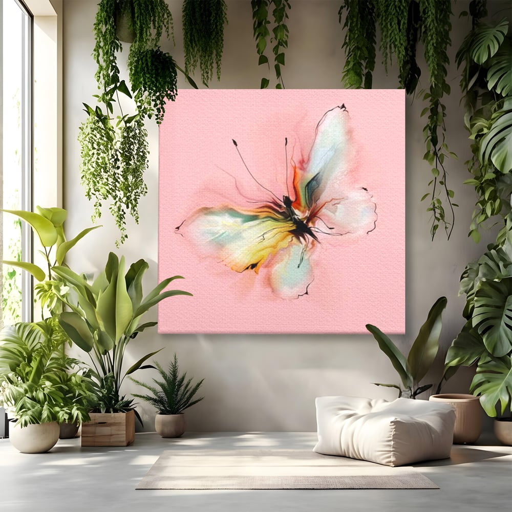 Tablou Canvas Premium, LuxCanva® M1147, Zbor in Pastel, Primavara, Feminin, Romantic, Acuarela, Pictura, Fluture, Roz, Aripi, Zbor, Minimalist, Desen, Insecta, Birou, Living, Camera Copil