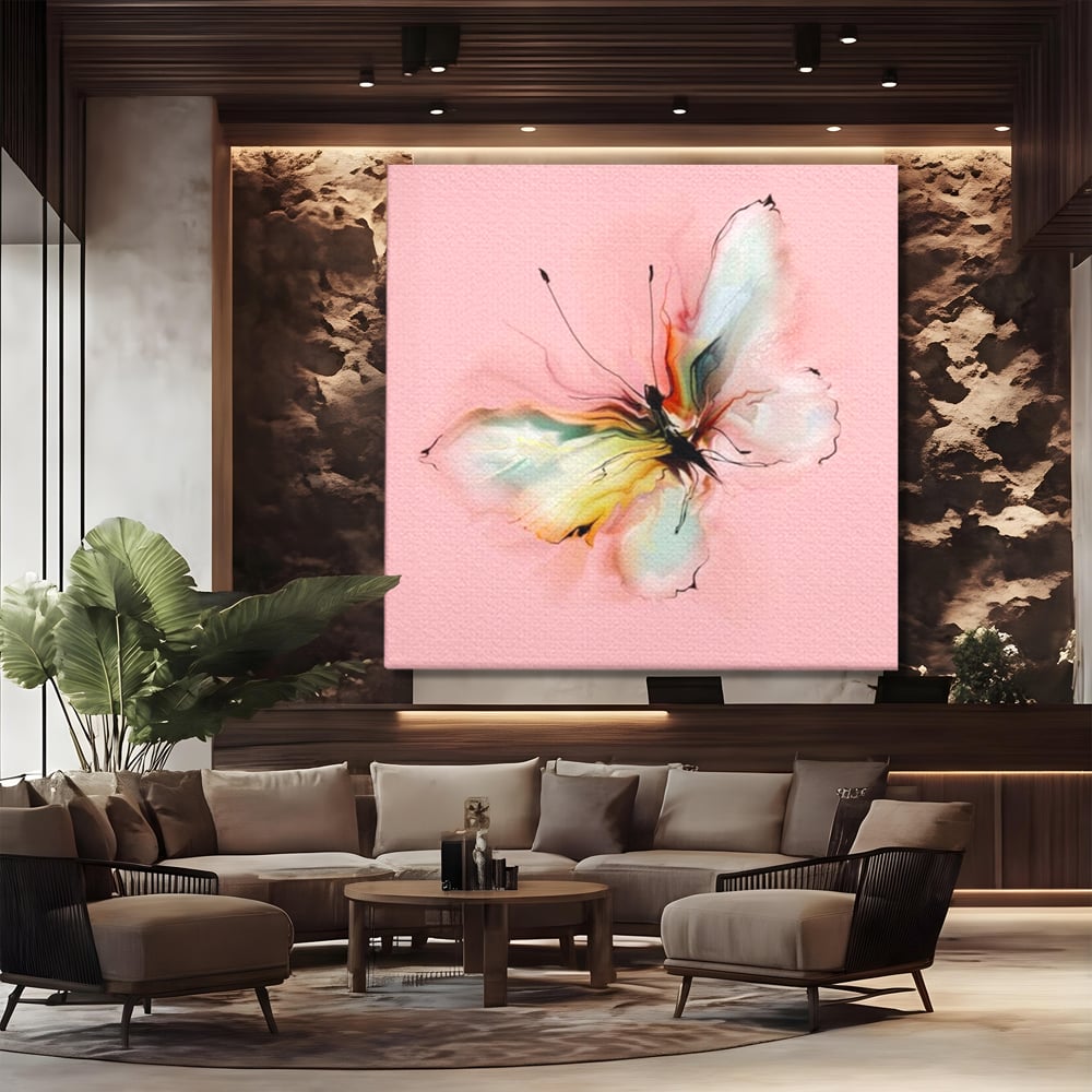 Tablou Canvas Premium, LuxCanva® M1147, Zbor in Pastel, Primavara, Feminin, Romantic, Acuarela, Pictura, Fluture, Roz, Aripi, Zbor, Minimalist, Desen, Insecta, Birou, Living, Camera Copil