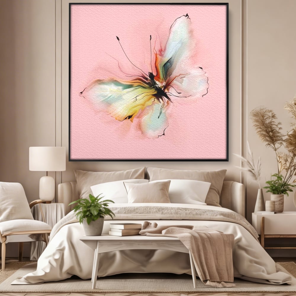 Tablou Canvas Premium, LuxCanva® M1147, Zbor in Pastel, Primavara, Feminin, Romantic, Acuarela, Pictura, Fluture, Roz, Aripi, Zbor, Minimalist, Desen, Insecta, Birou, Living, Camera Copil