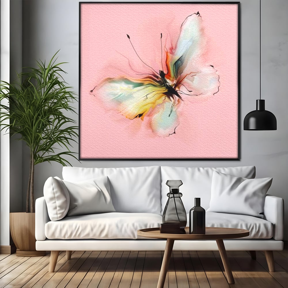 Tablou Canvas Premium, LuxCanva® M1147, Zbor in Pastel, Primavara, Feminin, Romantic, Acuarela, Pictura, Fluture, Roz, Aripi, Zbor, Minimalist, Desen, Insecta, Birou, Living, Camera Copil