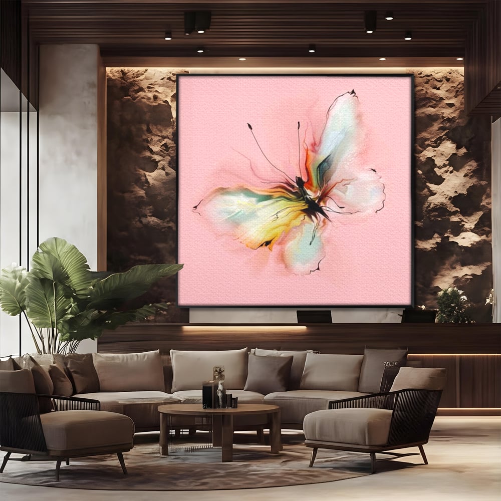 Tablou Canvas Premium, LuxCanva® M1147, Zbor in Pastel, Primavara, Feminin, Romantic, Acuarela, Pictura, Fluture, Roz, Aripi, Zbor, Minimalist, Desen, Insecta, Birou, Living, Camera Copil