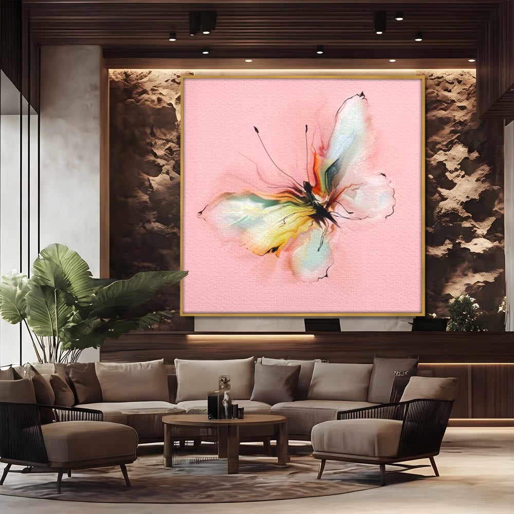 Tablou Canvas Premium, LuxCanva® M1147, Zbor in Pastel, Primavara, Feminin, Romantic, Acuarela, Pictura, Fluture, Roz, Aripi, Zbor, Minimalist, Desen, Insecta, Birou, Living, Camera Copil