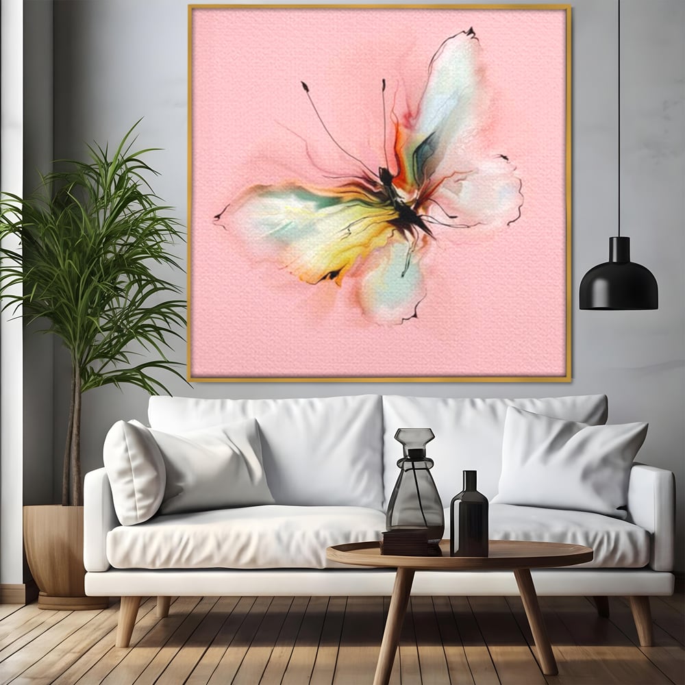 Tablou Canvas Premium, LuxCanva® M1147, Zbor in Pastel, Primavara, Feminin, Romantic, Acuarela, Pictura, Fluture, Roz, Aripi, Zbor, Minimalist, Desen, Insecta, Birou, Living, Camera Copil