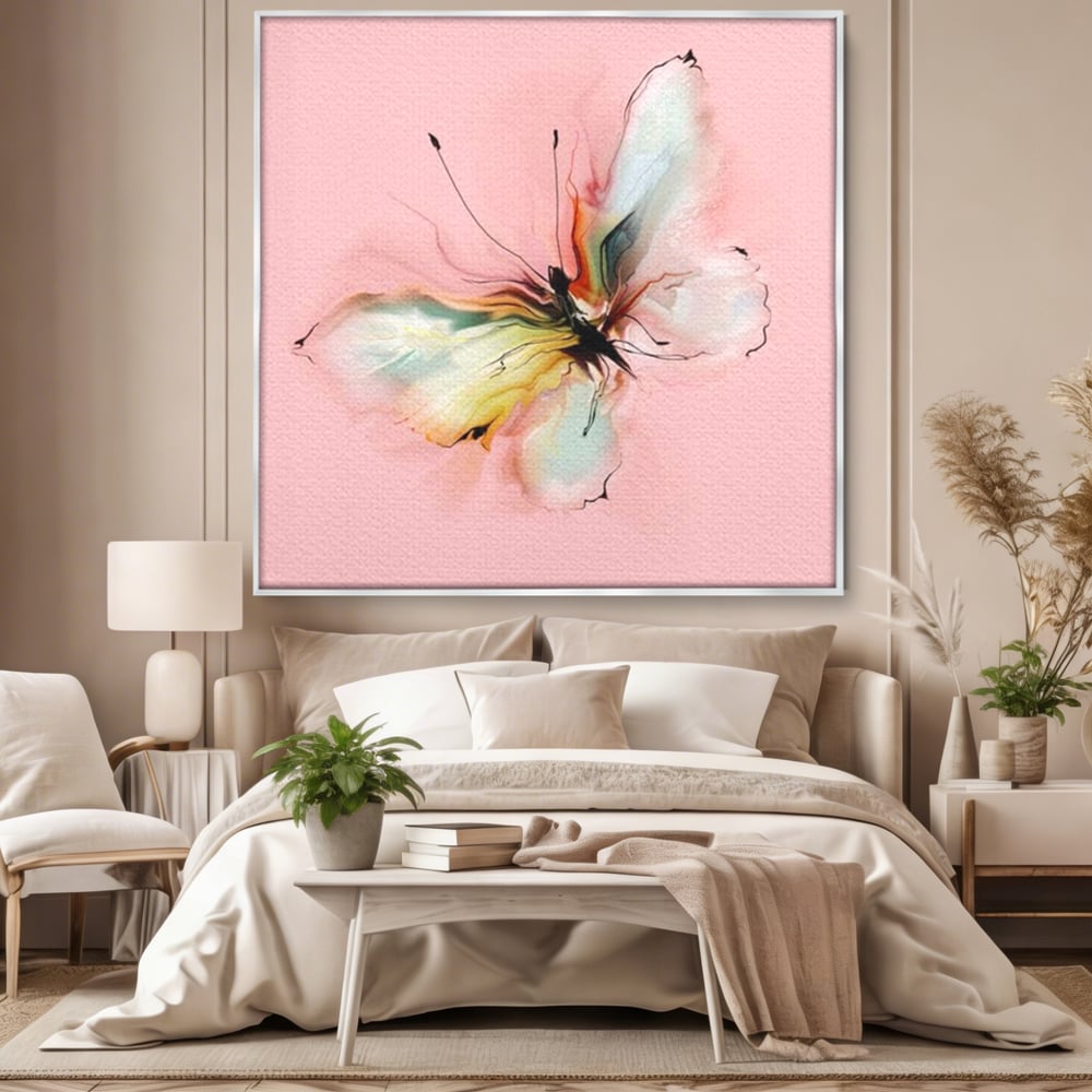 Tablou Canvas Premium, LuxCanva® M1147, Zbor in Pastel, Primavara, Feminin, Romantic, Acuarela, Pictura, Fluture, Roz, Aripi, Zbor, Minimalist, Desen, Insecta, Birou, Living, Camera Copil