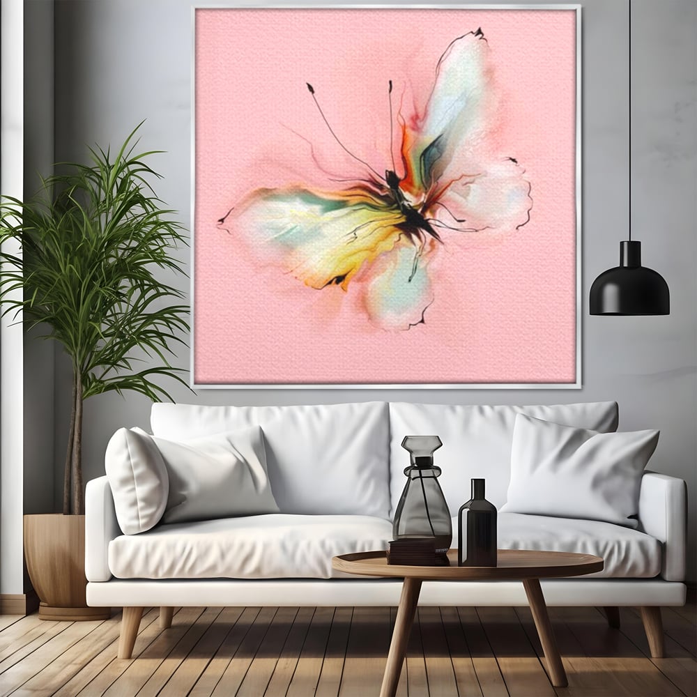 Tablou Canvas Premium, LuxCanva® M1147, Zbor in Pastel, Primavara, Feminin, Romantic, Acuarela, Pictura, Fluture, Roz, Aripi, Zbor, Minimalist, Desen, Insecta, Birou, Living, Camera Copil