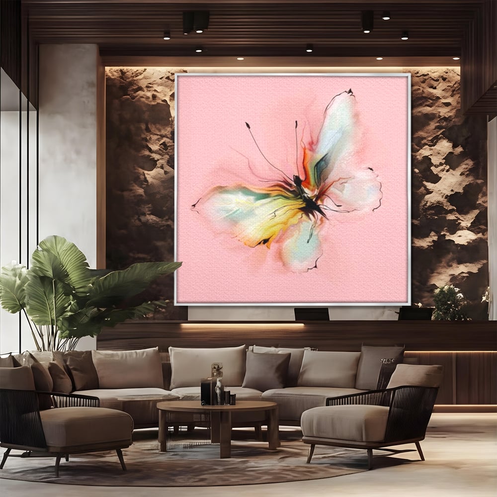 Tablou Canvas Premium, LuxCanva® M1147, Zbor in Pastel, Primavara, Feminin, Romantic, Acuarela, Pictura, Fluture, Roz, Aripi, Zbor, Minimalist, Desen, Insecta, Birou, Living, Camera Copil