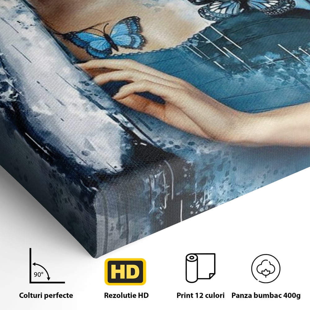 Tablou Canvas Premium, LuxCanva® M1148, Imbratisarea Fluturilor, Portret, Femeie, Fluturi, Aripi, Pictura, Albastru, Magic, Emotie, Vis, Arta Moderna, Frumusete, Birou, Living, Camera Copil