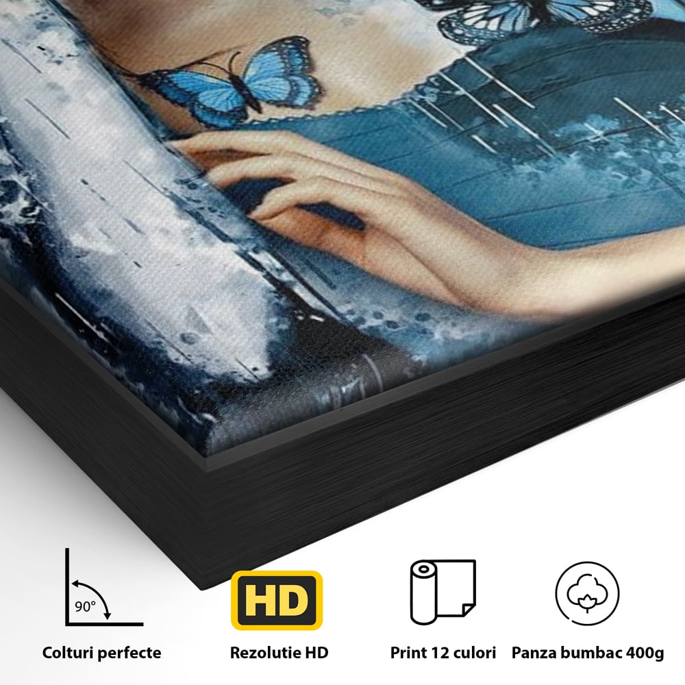 Tablou Canvas Premium, LuxCanva® M1148, Imbratisarea Fluturilor, Portret, Femeie, Fluturi, Aripi, Pictura, Albastru, Magic, Emotie, Vis, Arta Moderna, Frumusete, Birou, Living, Camera Copil