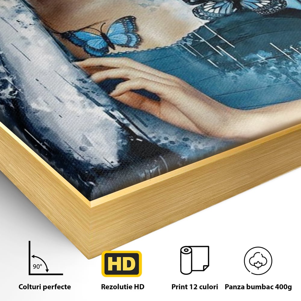 Tablou Canvas Premium, LuxCanva® M1148, Imbratisarea Fluturilor, Portret, Femeie, Fluturi, Aripi, Pictura, Albastru, Magic, Emotie, Vis, Arta Moderna, Frumusete, Birou, Living, Camera Copil
