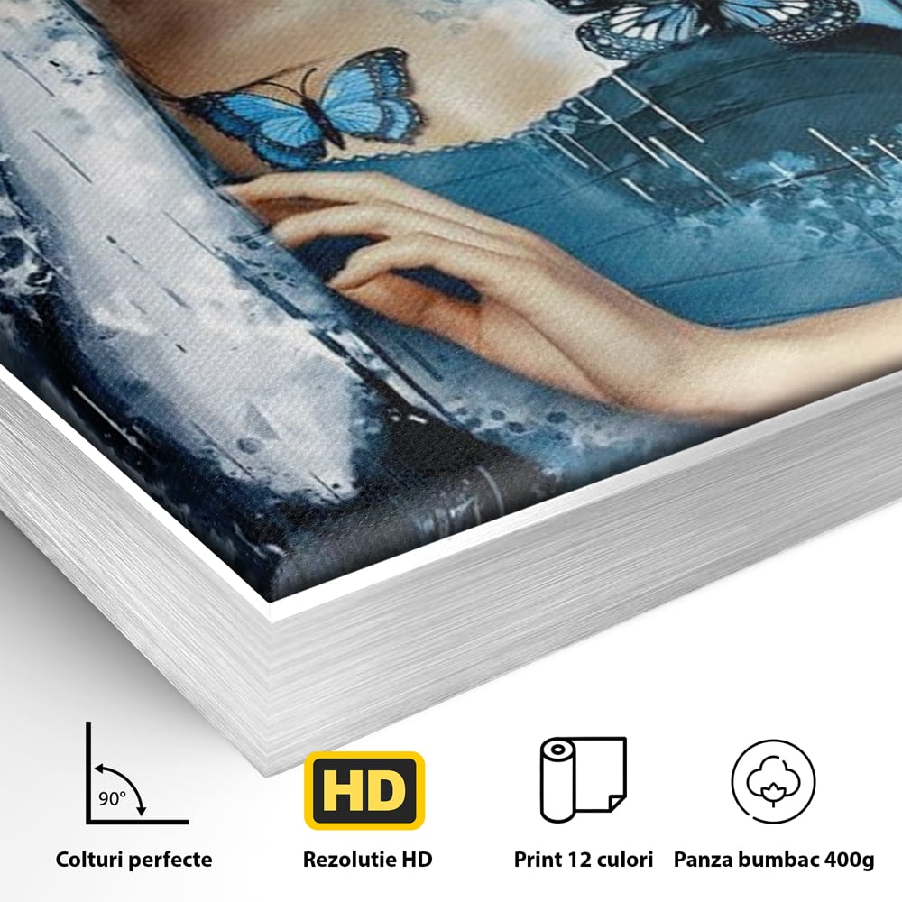 Tablou Canvas Premium, LuxCanva® M1148, Imbratisarea Fluturilor, Portret, Femeie, Fluturi, Aripi, Pictura, Albastru, Magic, Emotie, Vis, Arta Moderna, Frumusete, Birou, Living, Camera Copil
