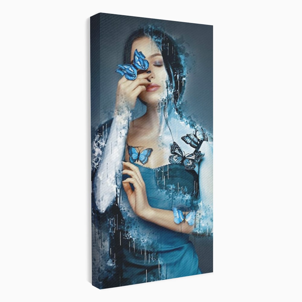 Tablou Canvas Premium, LuxCanva® M1148, Imbratisarea Fluturilor, Portret, Femeie, Fluturi, Aripi, Pictura, Albastru, Magic, Emotie, Vis, Arta Moderna, Frumusete, Birou, Living, Camera Copil