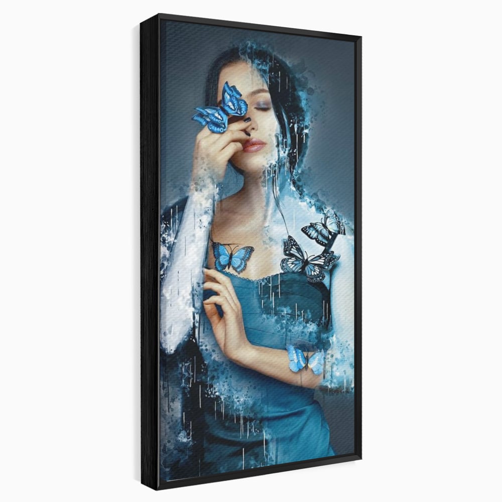 Tablou Canvas Premium, LuxCanva® M1148, Imbratisarea Fluturilor, Portret, Femeie, Fluturi, Aripi, Pictura, Albastru, Magic, Emotie, Vis, Arta Moderna, Frumusete, Birou, Living, Camera Copil