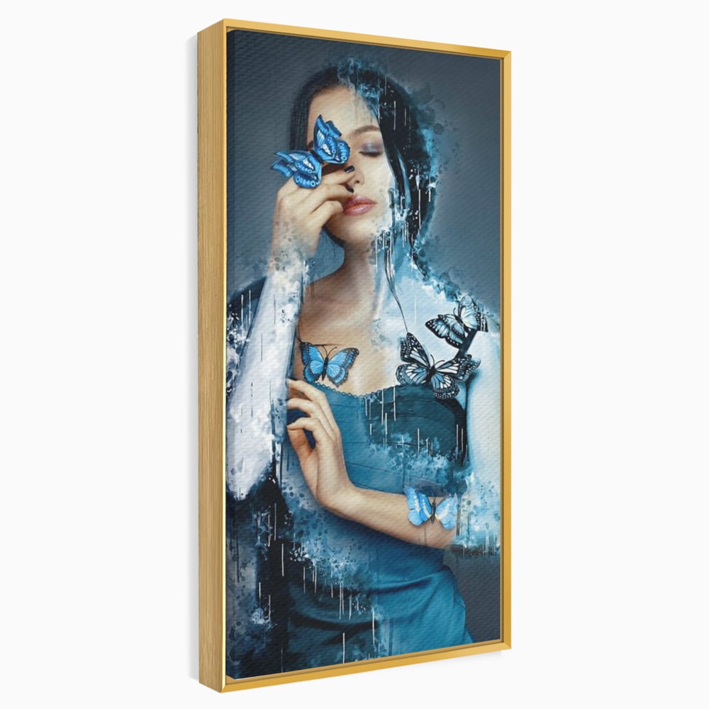 Tablou Canvas Premium, LuxCanva® M1148, Imbratisarea Fluturilor, Portret, Femeie, Fluturi, Aripi, Pictura, Albastru, Magic, Emotie, Vis, Arta Moderna, Frumusete, Birou, Living, Camera Copil