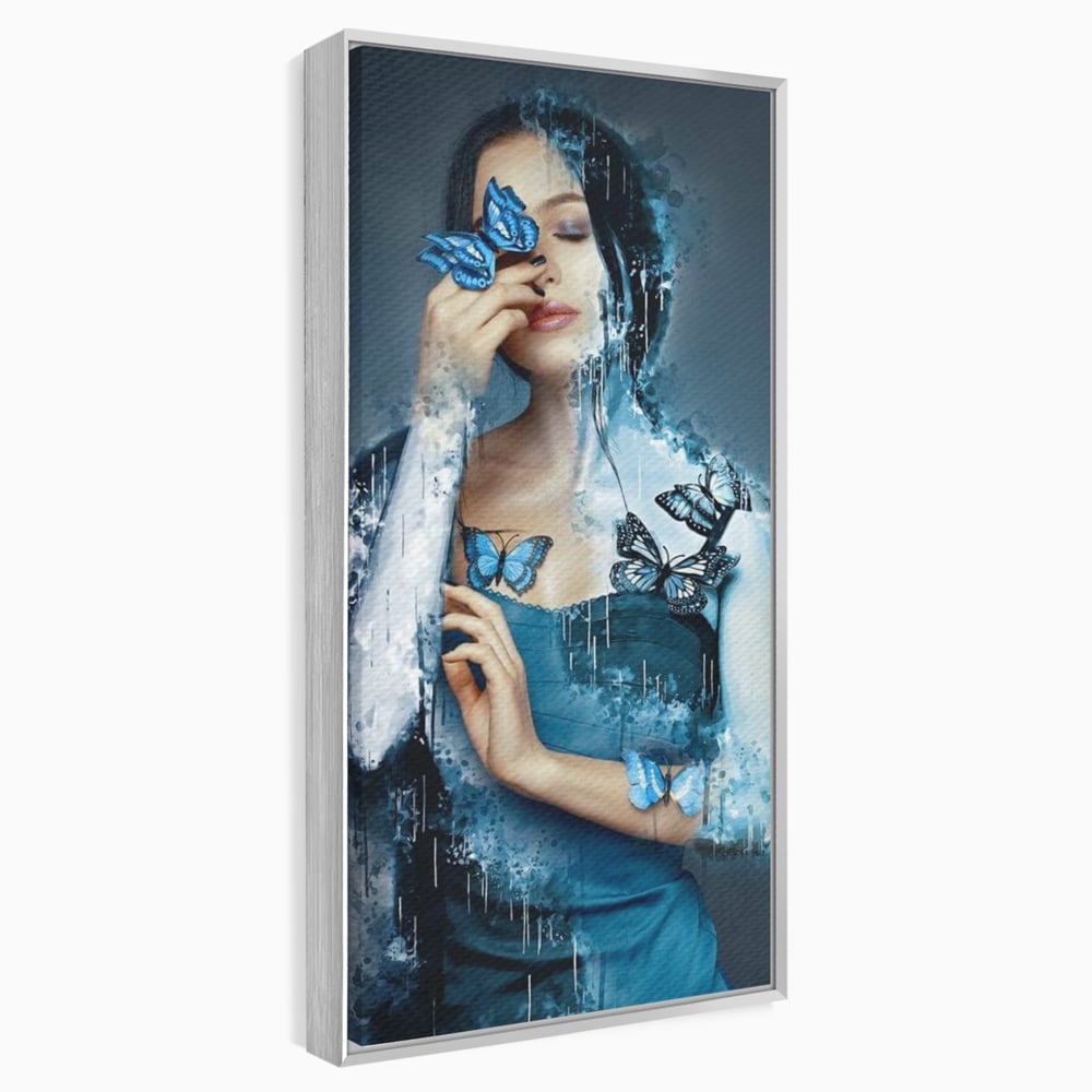 Tablou Canvas Premium, LuxCanva® M1148, Imbratisarea Fluturilor, Portret, Femeie, Fluturi, Aripi, Pictura, Albastru, Magic, Emotie, Vis, Arta Moderna, Frumusete, Birou, Living, Camera Copil