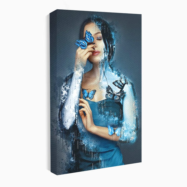 Tablou Canvas Premium, LuxCanva® M1148, Imbratisarea Fluturilor, Portret, Femeie, Fluturi, Aripi, Pictura, Albastru, Magic, Emotie, Vis, Arta Moderna, Frumusete, Birou, Living, Camera Copil