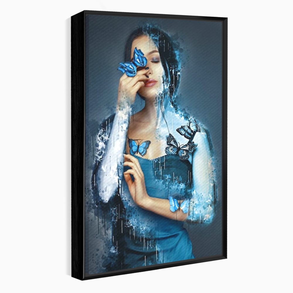 Tablou Canvas Premium, LuxCanva® M1148, Imbratisarea Fluturilor, Portret, Femeie, Fluturi, Aripi, Pictura, Albastru, Magic, Emotie, Vis, Arta Moderna, Frumusete, Birou, Living, Camera Copil