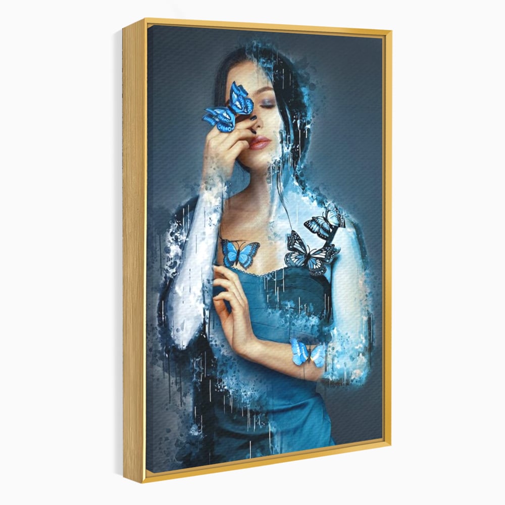 Tablou Canvas Premium, LuxCanva® M1148, Imbratisarea Fluturilor, Portret, Femeie, Fluturi, Aripi, Pictura, Albastru, Magic, Emotie, Vis, Arta Moderna, Frumusete, Birou, Living, Camera Copil