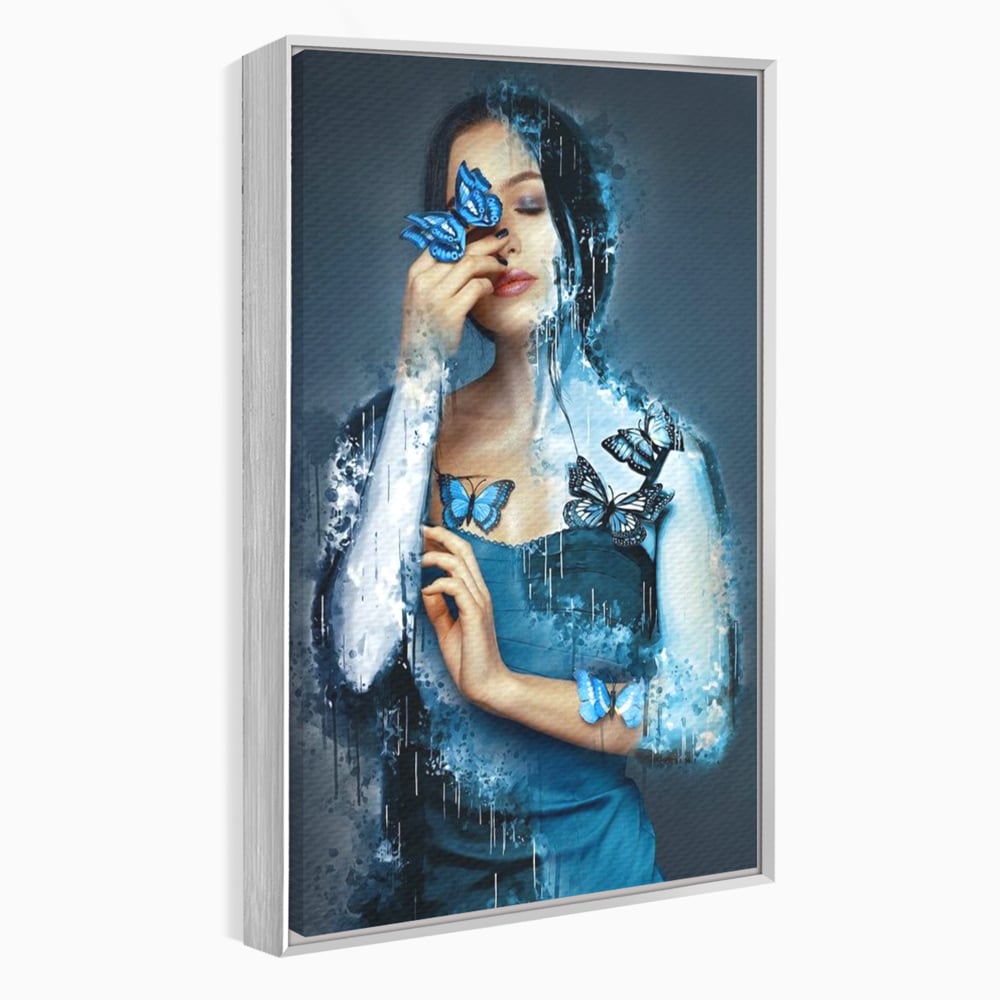 Tablou Canvas Premium, LuxCanva® M1148, Imbratisarea Fluturilor, Portret, Femeie, Fluturi, Aripi, Pictura, Albastru, Magic, Emotie, Vis, Arta Moderna, Frumusete, Birou, Living, Camera Copil