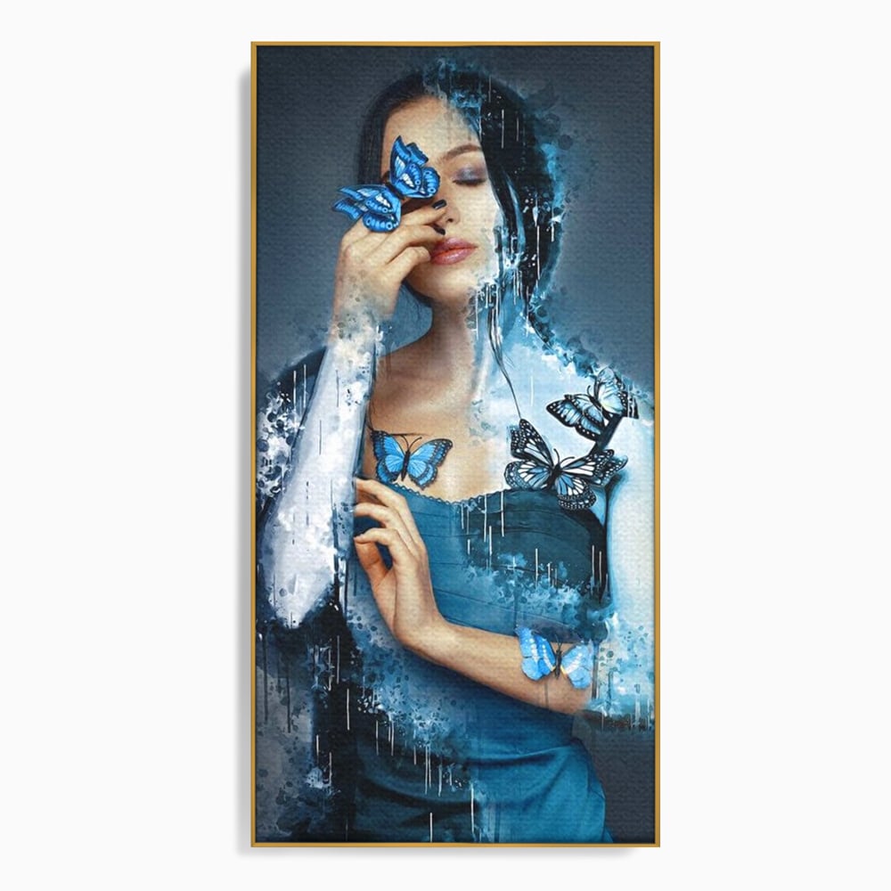 Tablou Canvas Premium, LuxCanva® M1148, Imbratisarea Fluturilor, Portret, Femeie, Fluturi, Aripi, Pictura, Albastru, Magic, Emotie, Vis, Arta Moderna, Frumusete, Birou, Living, Camera Copil