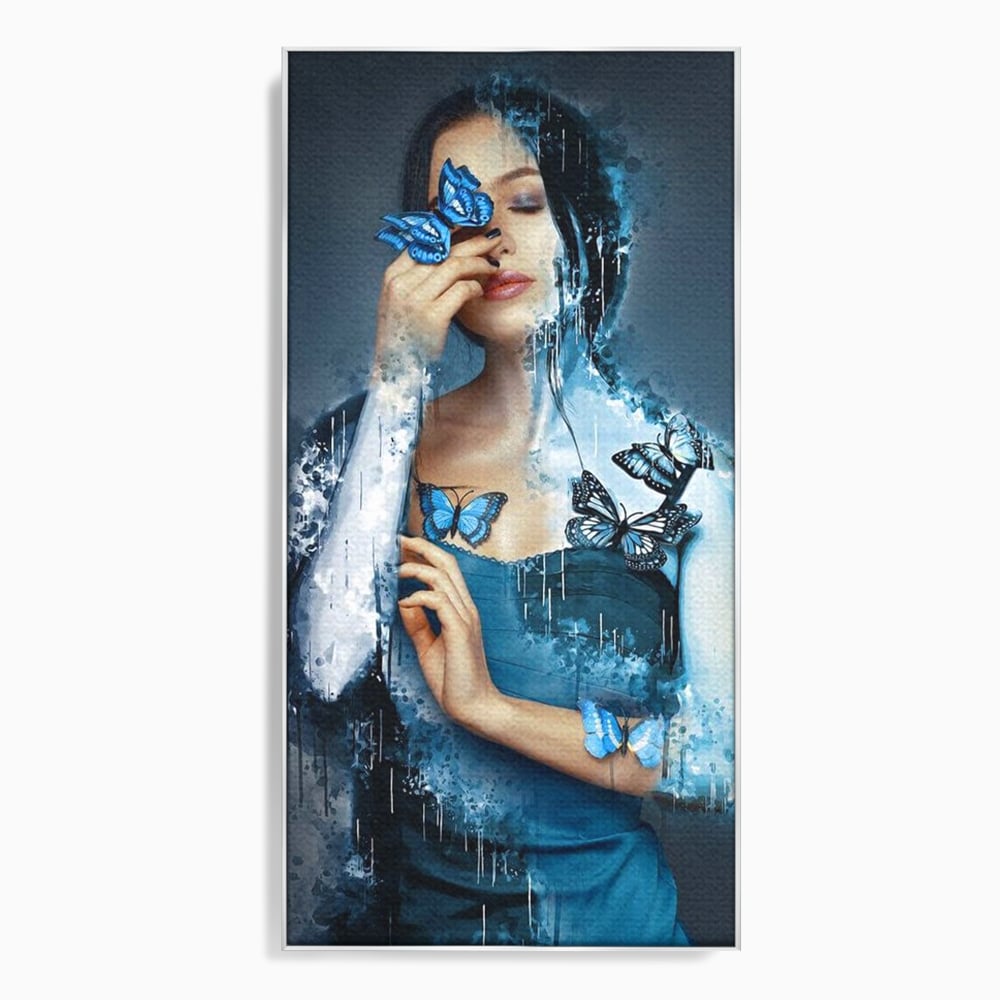 Tablou Canvas Premium, LuxCanva® M1148, Imbratisarea Fluturilor, Portret, Femeie, Fluturi, Aripi, Pictura, Albastru, Magic, Emotie, Vis, Arta Moderna, Frumusete, Birou, Living, Camera Copil