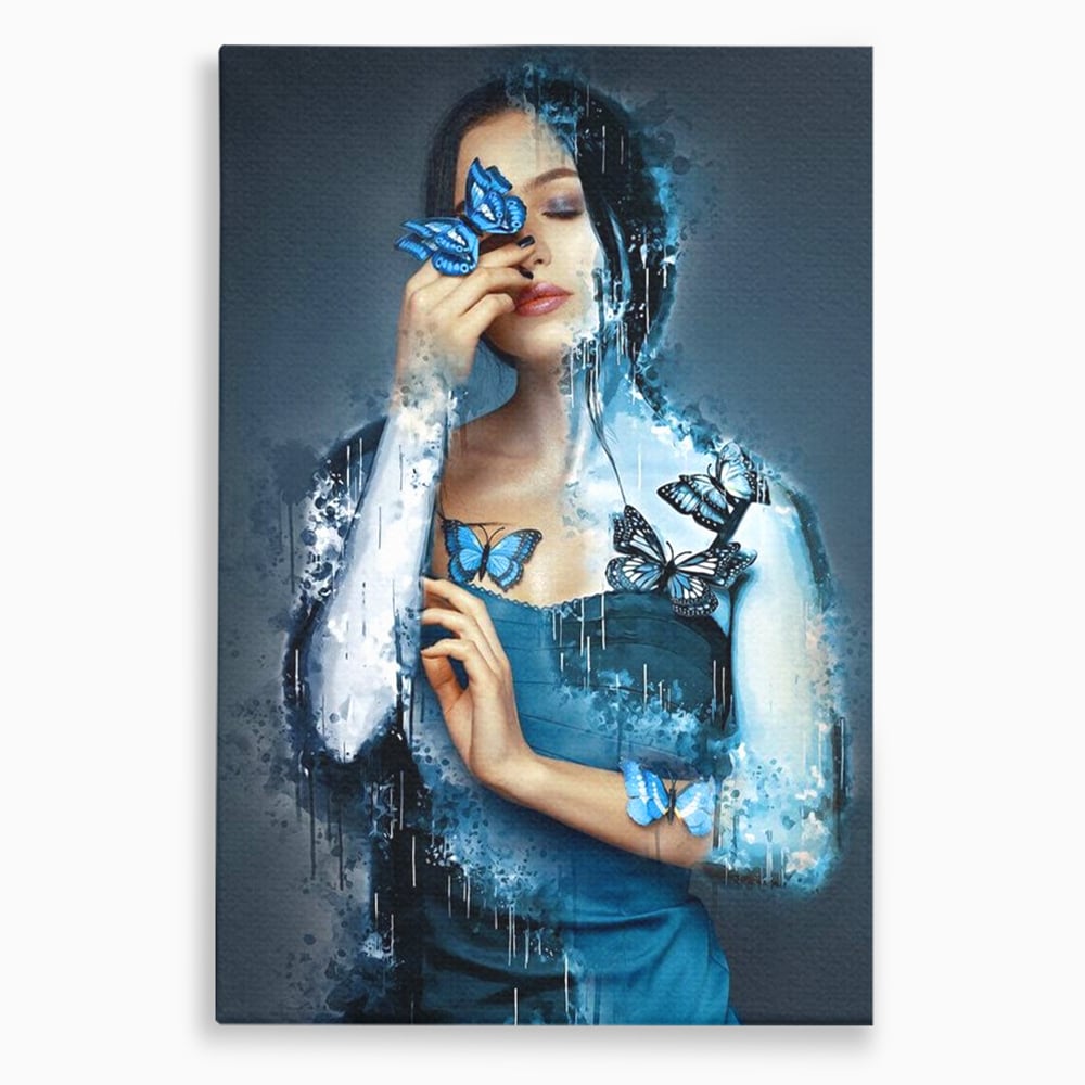 Tablou Canvas Premium, LuxCanva® M1148, Imbratisarea Fluturilor, Portret, Femeie, Fluturi, Aripi, Pictura, Albastru, Magic, Emotie, Vis, Arta Moderna, Frumusete, Birou, Living, Camera Copil