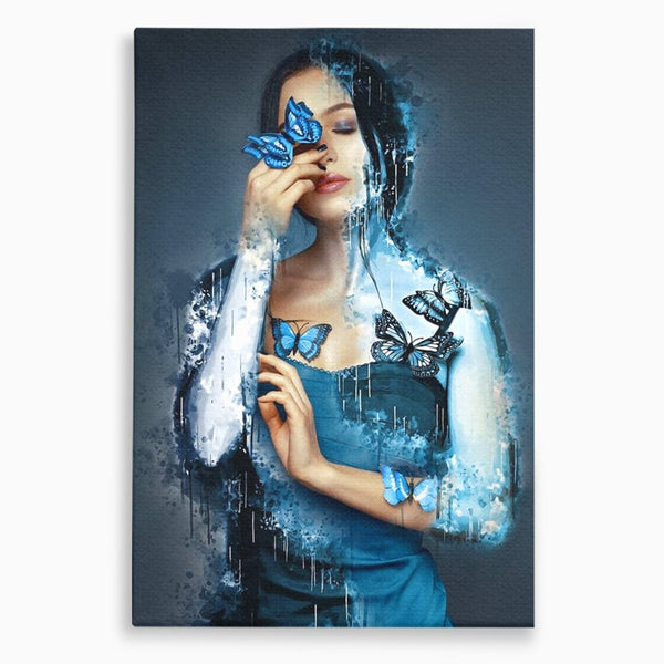 Tablou Canvas Premium, LuxCanva® M1148, Imbratisarea Fluturilor, Portret, Femeie, Fluturi, Aripi, Pictura, Albastru, Magic, Emotie, Vis, Arta Moderna, Frumusete, Birou, Living, Camera Copil