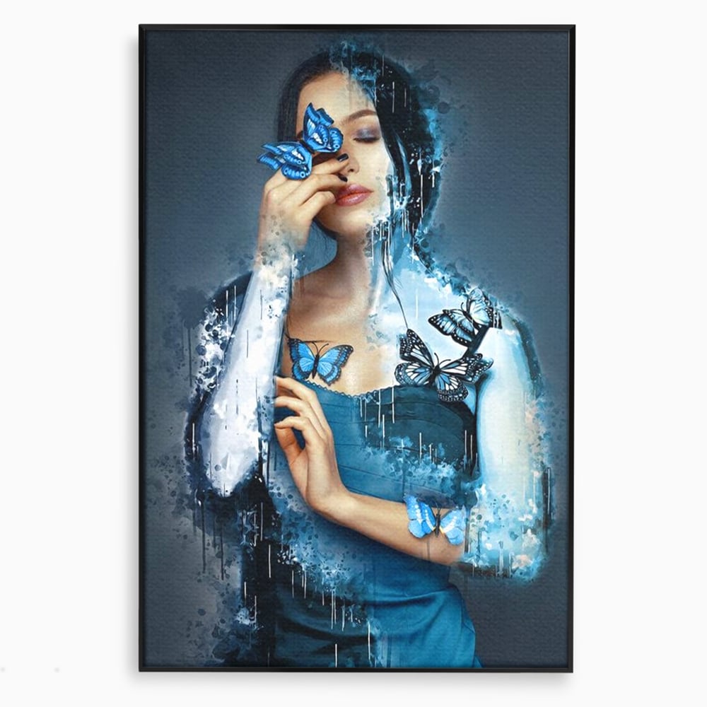 Tablou Canvas Premium, LuxCanva® M1148, Imbratisarea Fluturilor, Portret, Femeie, Fluturi, Aripi, Pictura, Albastru, Magic, Emotie, Vis, Arta Moderna, Frumusete, Birou, Living, Camera Copil