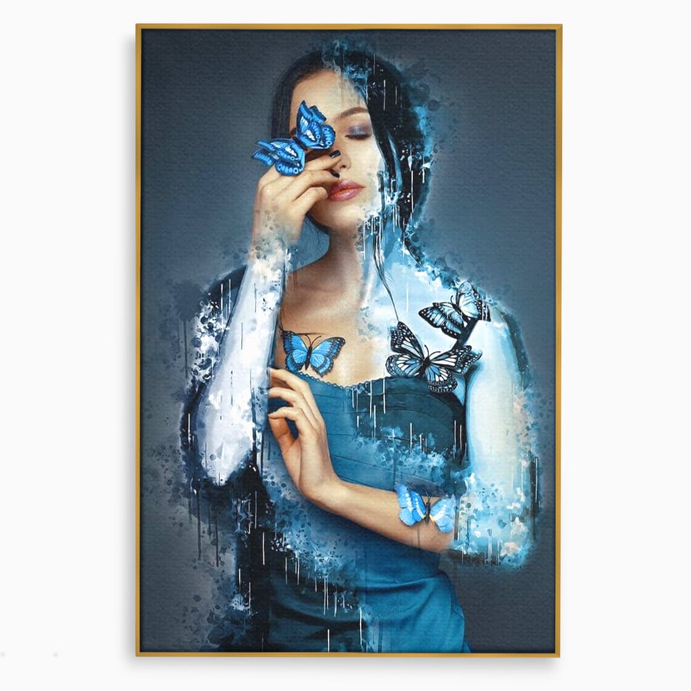 Tablou Canvas Premium, LuxCanva® M1148, Imbratisarea Fluturilor, Portret, Femeie, Fluturi, Aripi, Pictura, Albastru, Magic, Emotie, Vis, Arta Moderna, Frumusete, Birou, Living, Camera Copil