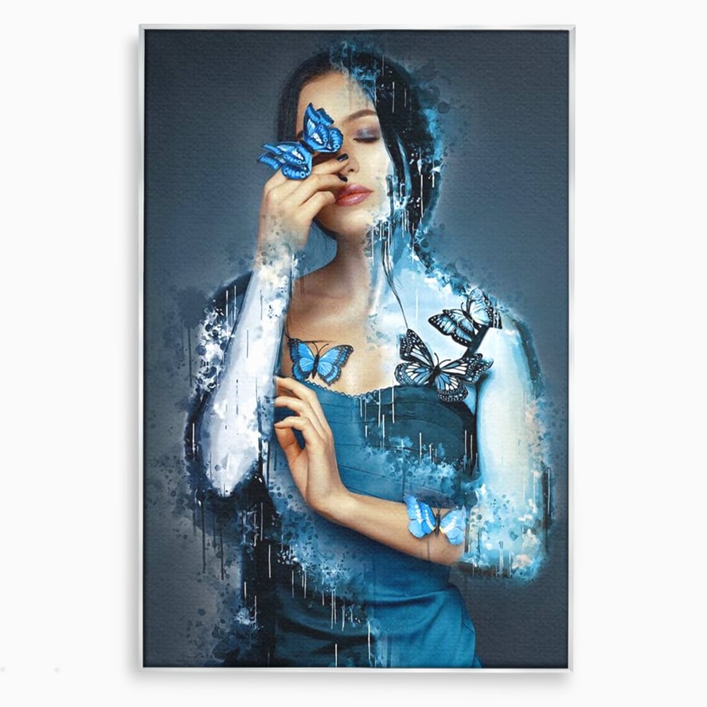 Tablou Canvas Premium, LuxCanva® M1148, Imbratisarea Fluturilor, Portret, Femeie, Fluturi, Aripi, Pictura, Albastru, Magic, Emotie, Vis, Arta Moderna, Frumusete, Birou, Living, Camera Copil