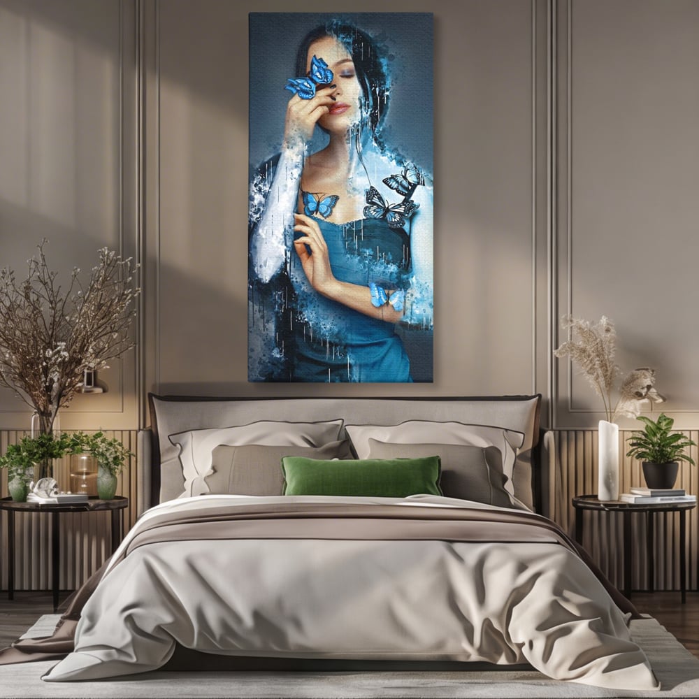 Tablou Canvas Premium, LuxCanva® M1148, Imbratisarea Fluturilor, Portret, Femeie, Fluturi, Aripi, Pictura, Albastru, Magic, Emotie, Vis, Arta Moderna, Frumusete, Birou, Living, Camera Copil