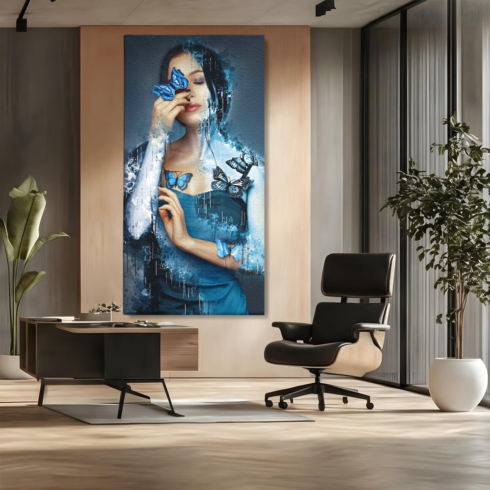 Tablou Canvas Premium, LuxCanva® M1148, Imbratisarea Fluturilor, Portret, Femeie, Fluturi, Aripi, Pictura, Albastru, Magic, Emotie, Vis, Arta Moderna, Frumusete, Birou, Living, Camera Copil