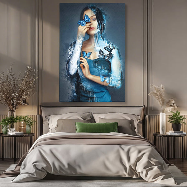Tablou Canvas Premium, LuxCanva® M1148, Imbratisarea Fluturilor, Portret, Femeie, Fluturi, Aripi, Pictura, Albastru, Magic, Emotie, Vis, Arta Moderna, Frumusete, Birou, Living, Camera Copil