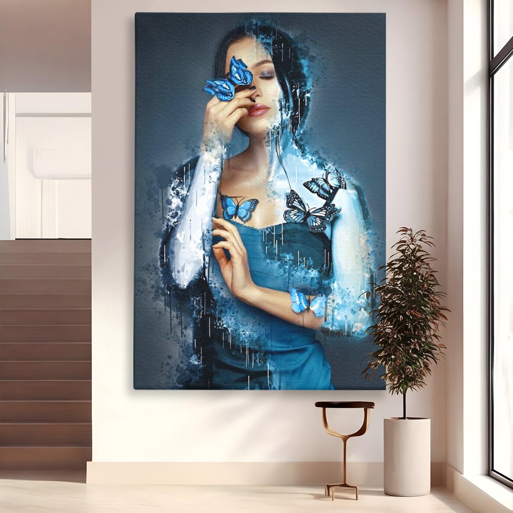 Tablou Canvas Premium, LuxCanva® M1148, Imbratisarea Fluturilor, Portret, Femeie, Fluturi, Aripi, Pictura, Albastru, Magic, Emotie, Vis, Arta Moderna, Frumusete, Birou, Living, Camera Copil