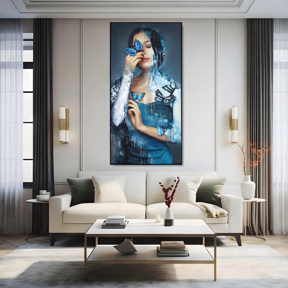 Tablou Canvas Premium, LuxCanva® M1148, Imbratisarea Fluturilor, Portret, Femeie, Fluturi, Aripi, Pictura, Albastru, Magic, Emotie, Vis, Arta Moderna, Frumusete, Birou, Living, Camera Copil