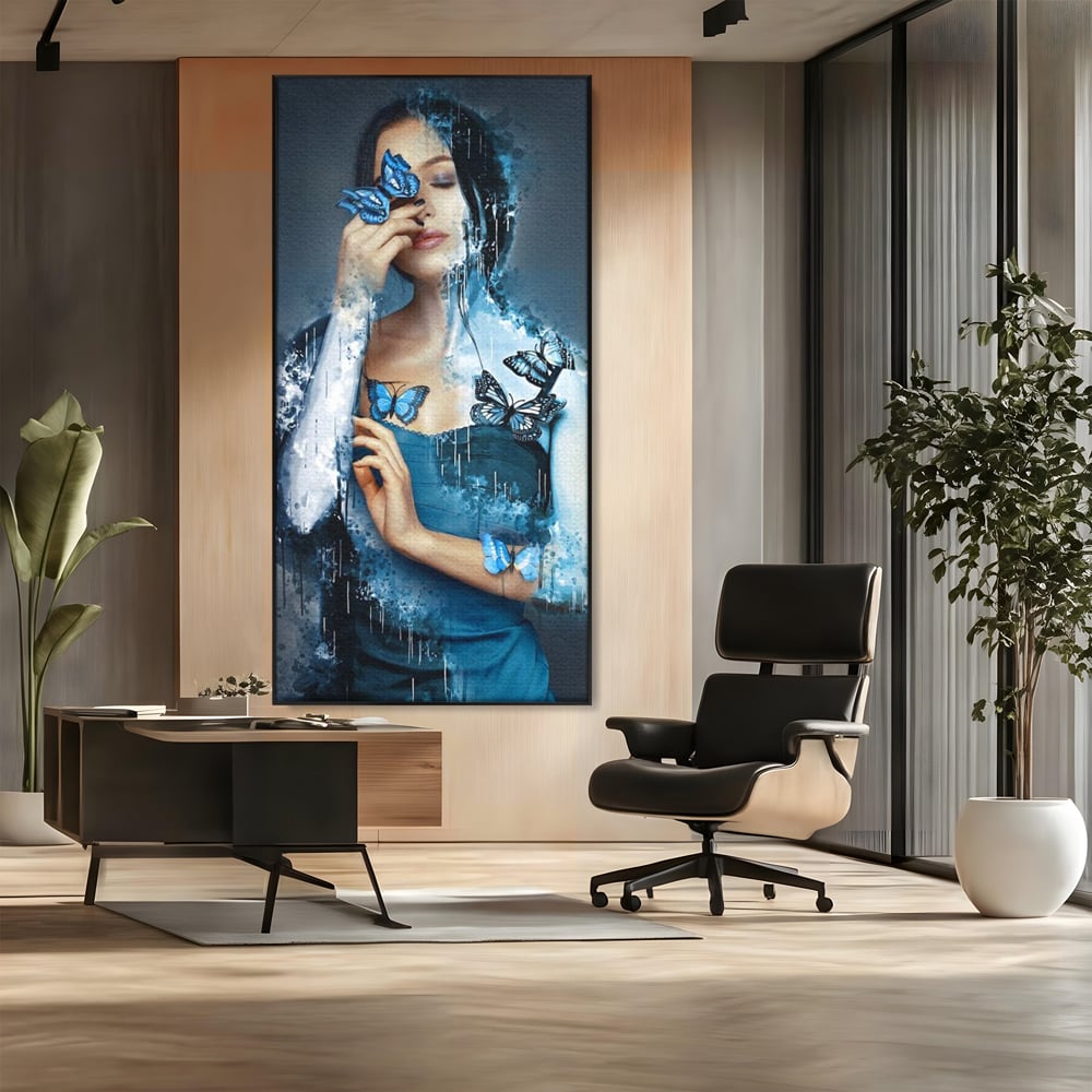 Tablou Canvas Premium, LuxCanva® M1148, Imbratisarea Fluturilor, Portret, Femeie, Fluturi, Aripi, Pictura, Albastru, Magic, Emotie, Vis, Arta Moderna, Frumusete, Birou, Living, Camera Copil